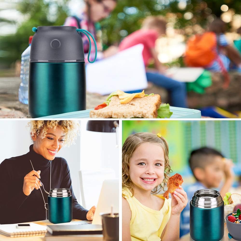 Insulated Thermo Food Jar for Hot & Cold Food for Kids Adult, 17 oz Soup Thermal Hot Food Containers for Lunch, Triple Layer Insulation Stainless Steel Food Jar with Spoon (Green)