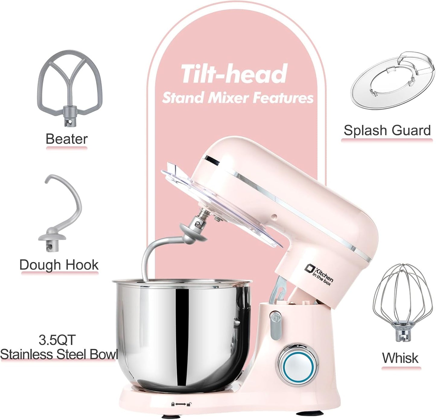 Kitchen in the Box Stand Mixer, 3.5 QT Small Electric Kitchen Mixer, 10-Speed Portable Lightweight Food Mixer with Stainless Steel Bowl, Egg Whisk, Dough Hook, Beater (Light Pink)