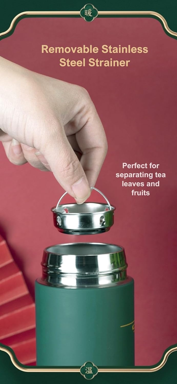 Insulated Coffee Tea Travel Thermos Mug Water Bottle with Removable Strainer and Temperature Featuring Elegant Asian Art Design - 16.9 fl oz (Teal)