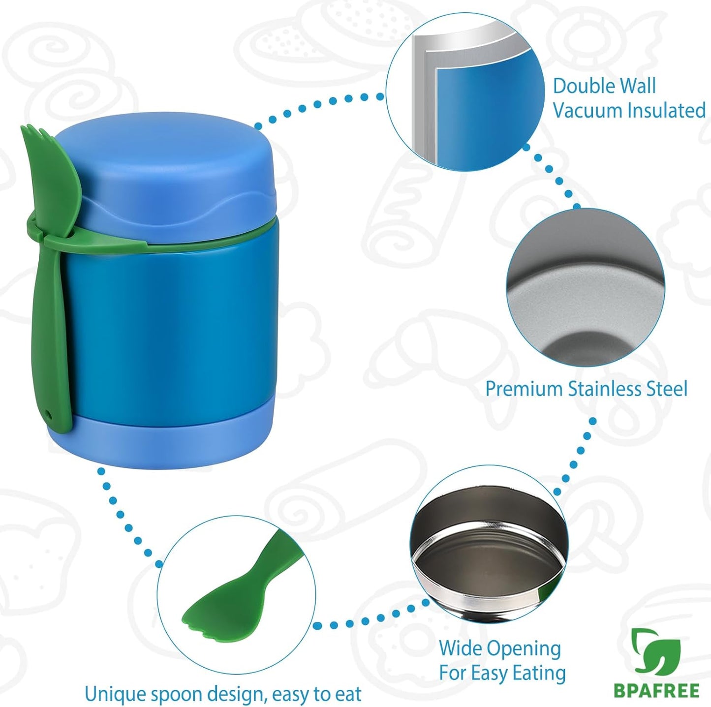 10oz Soup Thermo for Hot Food Kids,Lunch Thermo Kids Food Jar with Spoon Hot Insulated Food Containers,Leak Proof Stainless Steel Wide Mouth Lunch Food Jar for School(Blue)