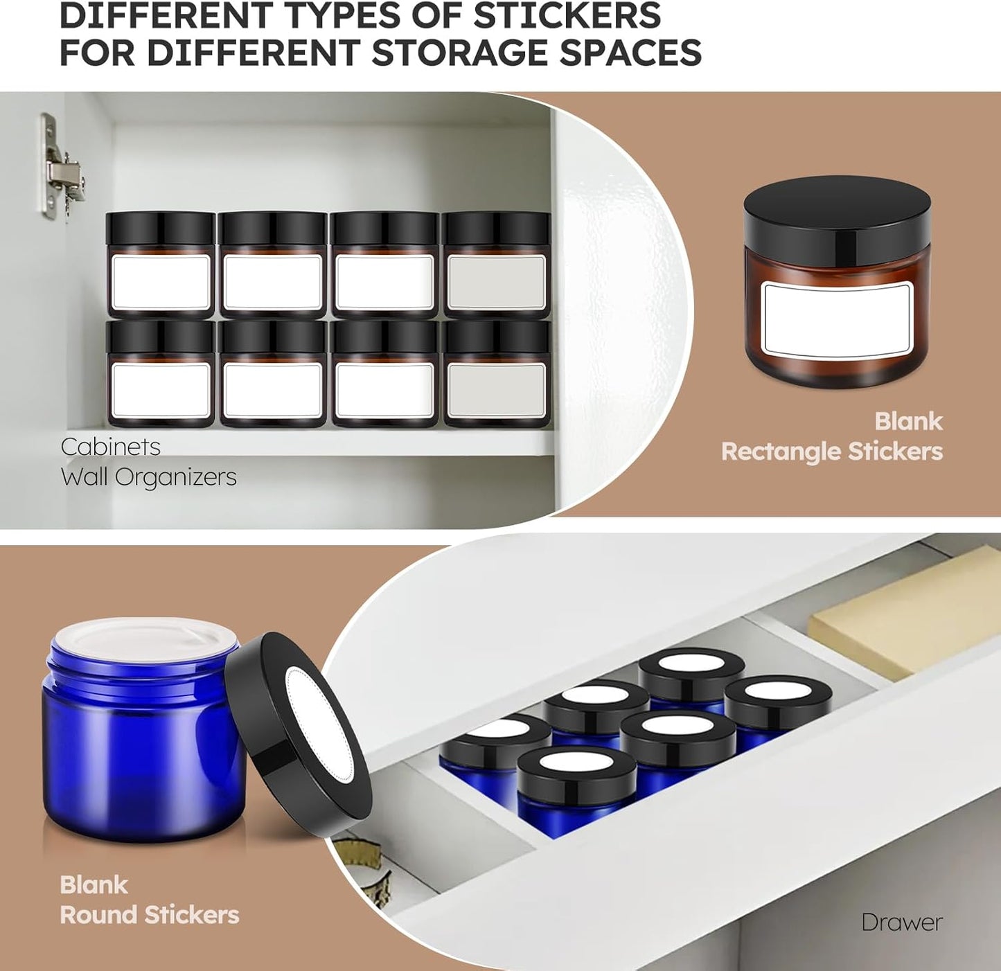 Bumobum 2 oz Glass Jars with Lids, 48 pack Round Small Containers with Black Lids, Blank Labels & Inner Liners, Empty Cosmetic Containers for Sample, Powder, Cream, Lotion Amber and Blue