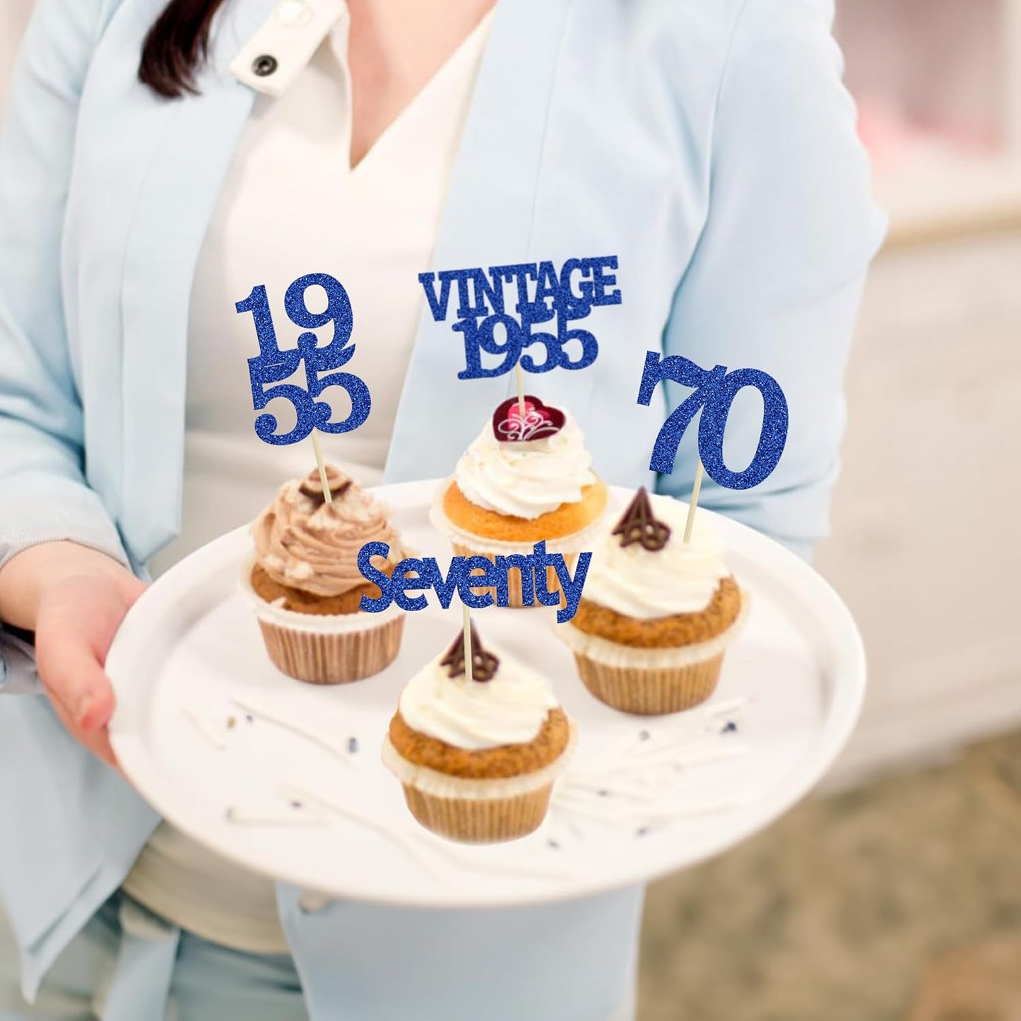 Gyufise 24Pcs Vintage 1955 Cupcake Toppers Glitter Cheers to 70 Fabulous Seventy Cupcake Picks 70th Birthday Wedding Anniversary Party Cake Decorations Supplies Deep Blue