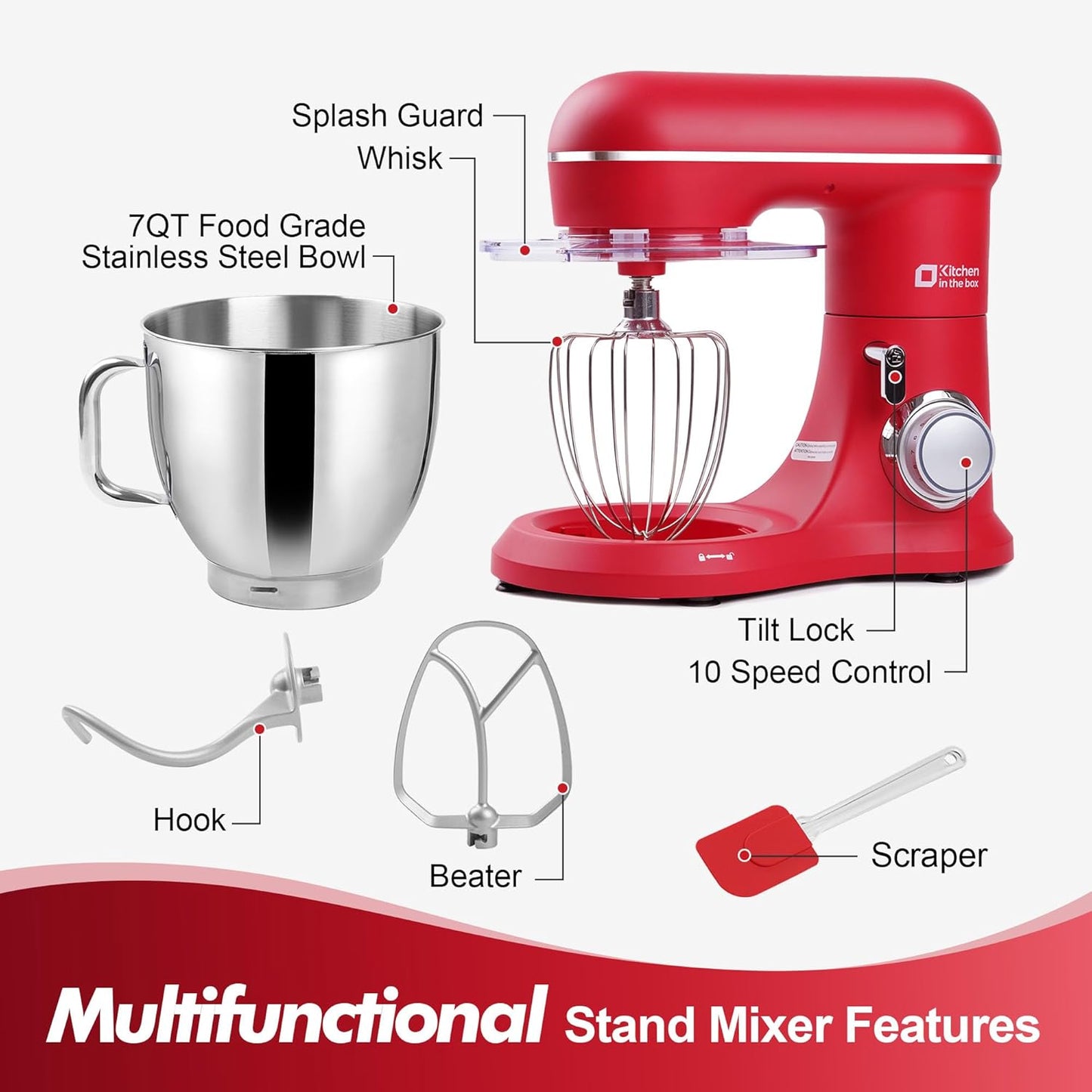 Kitchen in the box 7QT 900W 10-Speed Stand Mixer, Tilt-Head Kitchen Electric Mixer with Dough Hook, Whisk & Flat Beater(Red)
