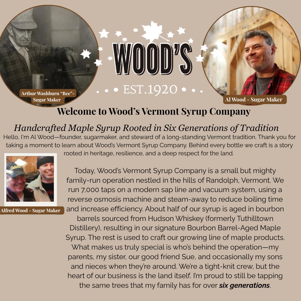 WOOD'S Vermont Bourbon Barrel Aged Maple Syrup – Premium Maple Syrup with Rich Flavor & Subtle Bourbon Notes – Ideal for Pancakes, Desserts, and Cocktails – 8.45 oz