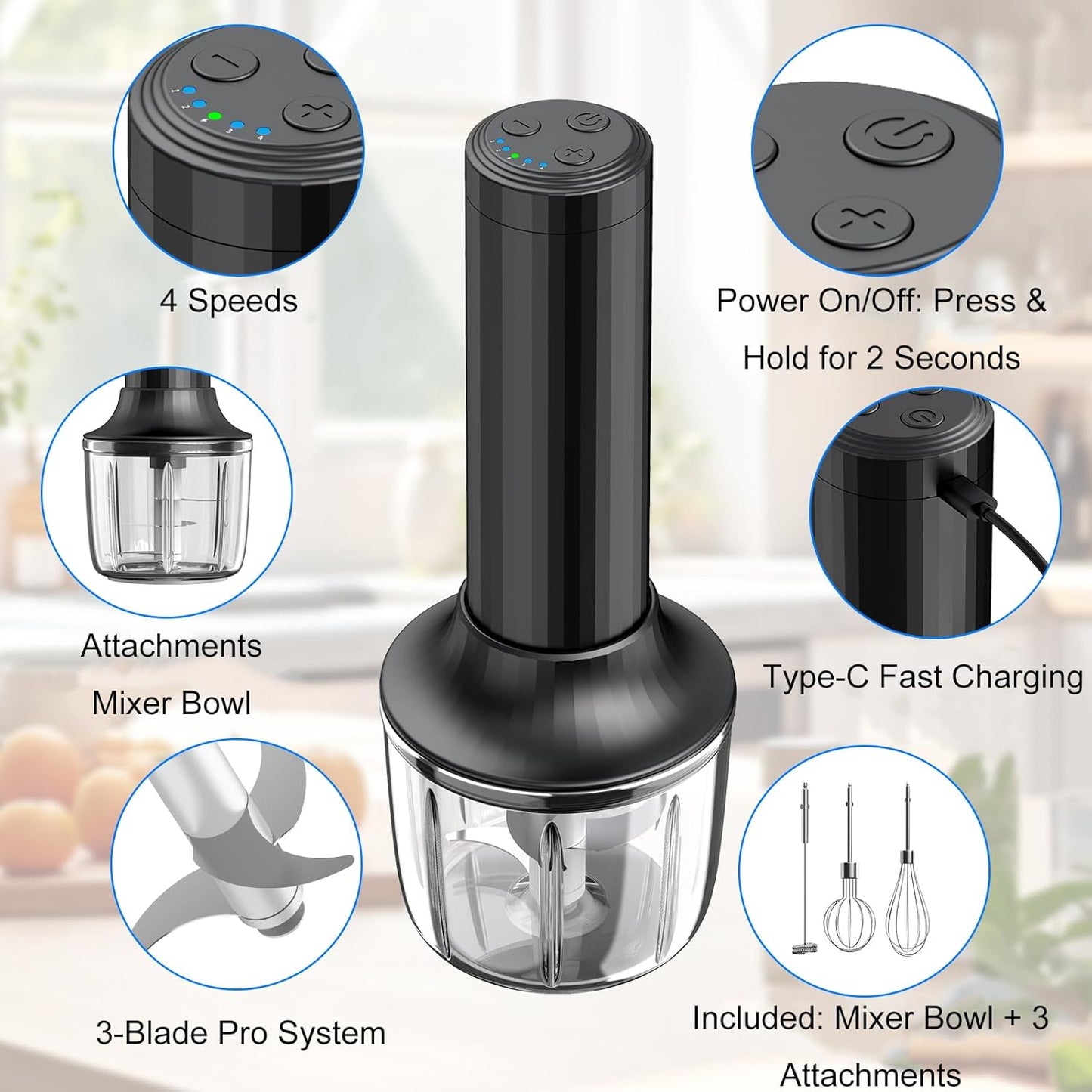 Electric Hand Mixer with MixgoII, Handheld Mixer Electric Whisk, Rechargeable Cordless Handheld Mixer & Milk Frother, Small Food Chopper for Dicing, Mincing, and Puree, 4-Speed, 10Oz