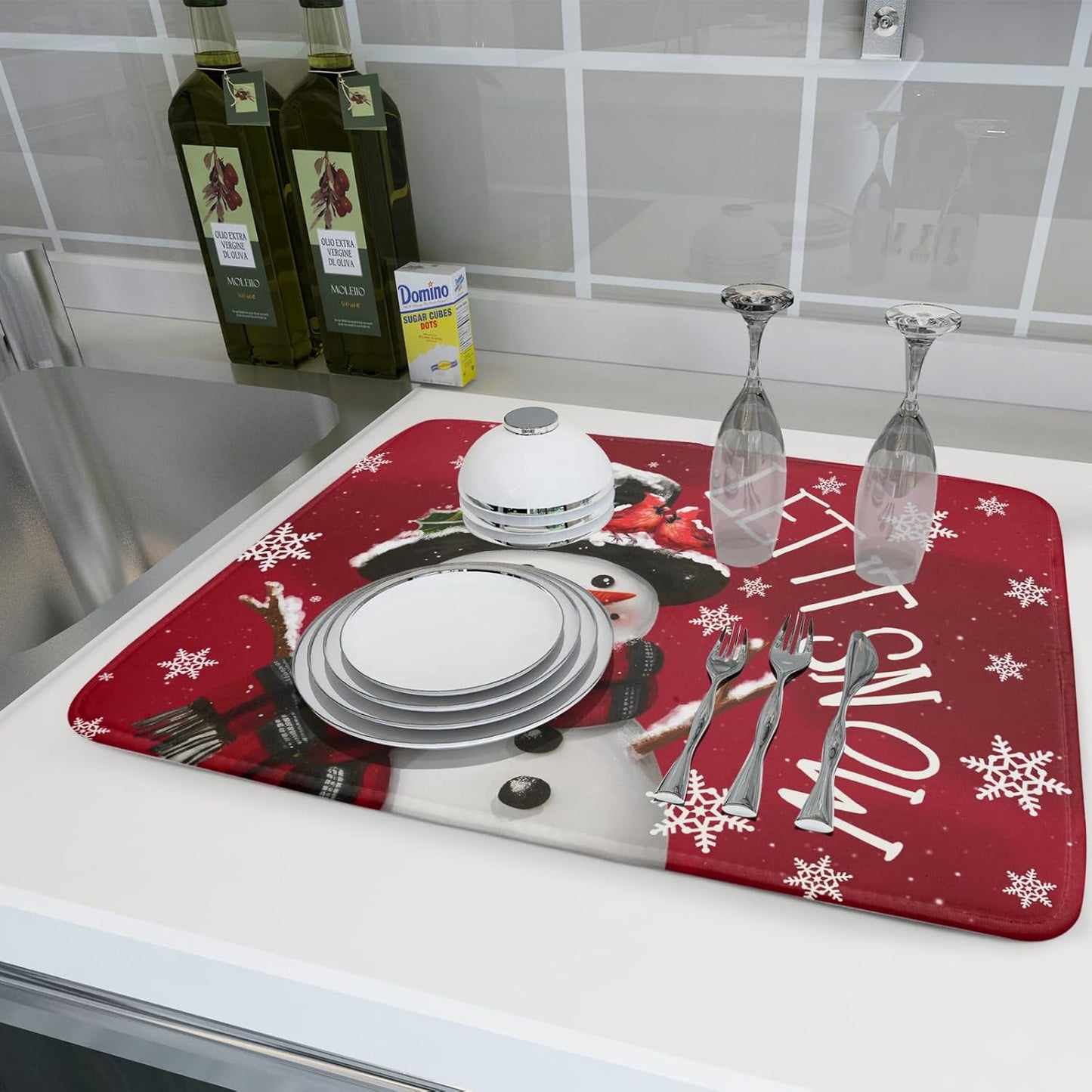 Merry Christmas Dish Drying Mat for Kitchen Counter 18x24 Inch Let It Snow Dish Draining Mat Xmas Snowflakes Decorations Fast Absorbent Tableware Cardinal Birld Dishes Pad for Coffee Bar Countertop