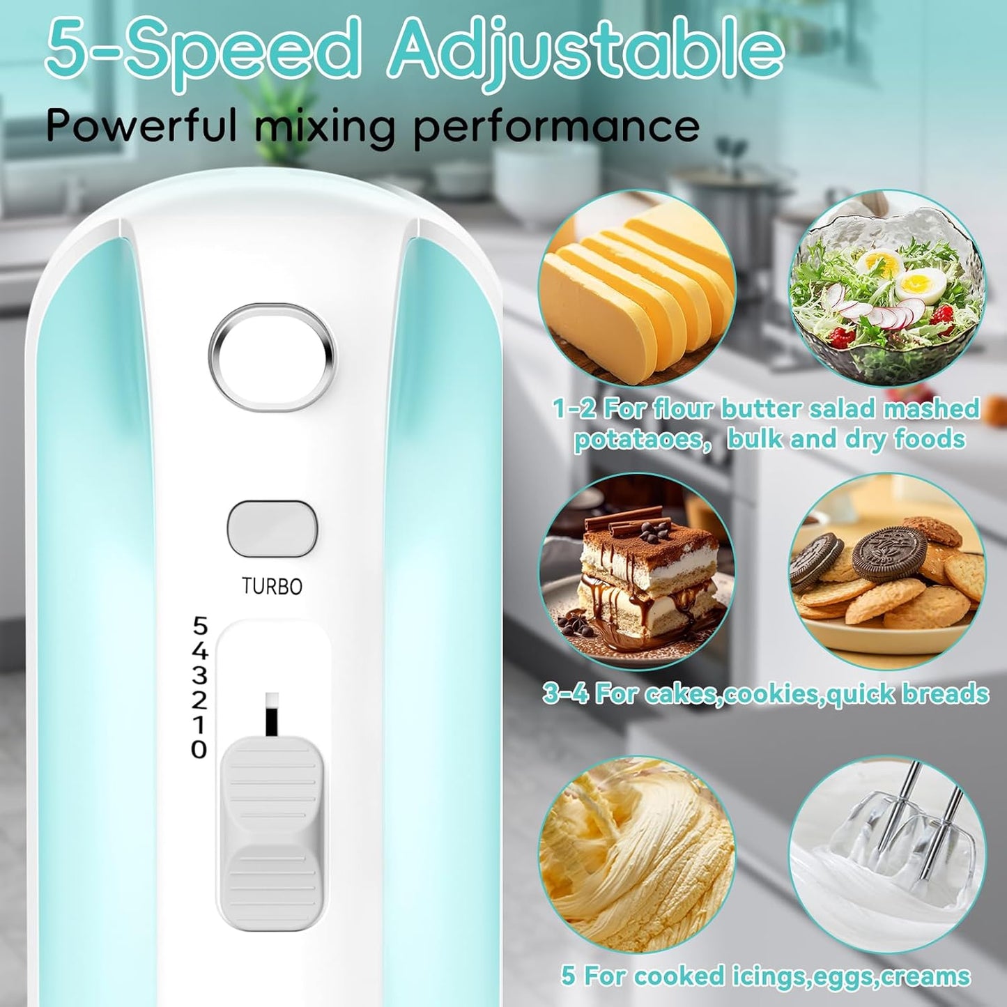 Hand Mixer Electric Handheld, 5-Speed Handheld Mixer, 380W Electric Mixer with Stainless Steel Whisk Beater Attachments, Snap-On Storage Case, Measuring Cups, Kitchen Cake Mixers for Baking Supplies