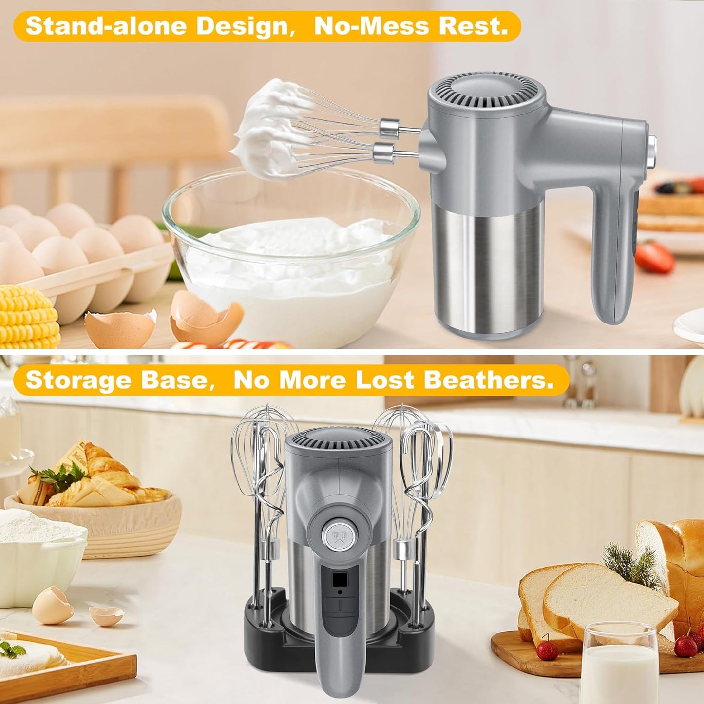 Cordless Hand Mixer, Electric Mixer Handheld Digital Display 7 Speed Rechargeable with 6 Stainless Steel Attachments Whisks Beaters Dough Hooks & Storage Base, Blender for Baking, Eggs, Silver