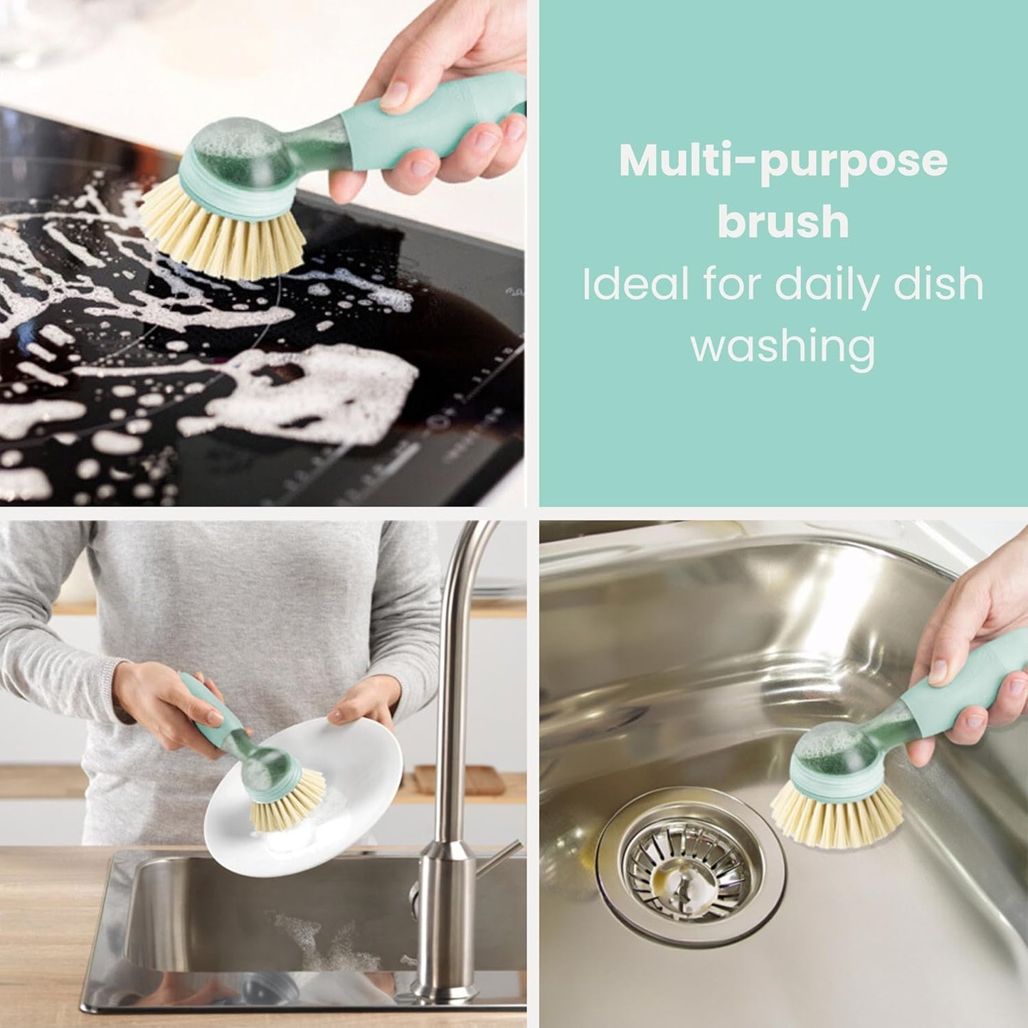 Vigar Rengo Soap Dispensing Dish Brush, Dish Brush with Soap Dispenser for Pot Scrubber, Dishes, Sink Cleaner, and Kitchen Essentials, Turquoise