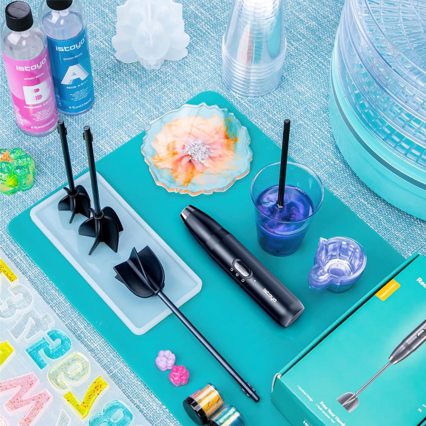 ISTOYO Rechargeable Resin Mixer, Epoxy Mixer for Saving Your Wrist, Epoxy Resin Mixer for Resin Molds, Resin Supplies, Silicone Molds Mixing, DIY Crafts (Included 4 pcs Paddles)