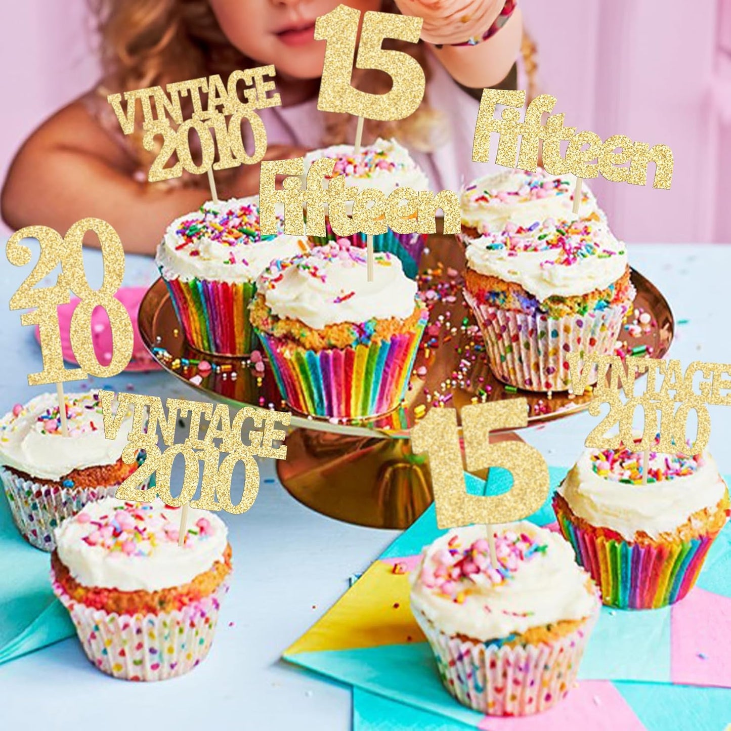 Gyufise 24Pcs Sweet 15 Cupcake Toppers Glitter Fifteen Vintage 2010 15th Birthday Cupcake Picks Hello 15 Years Birthday Cake Decorations for Happy 15th Anniversary Party Supplies Gold