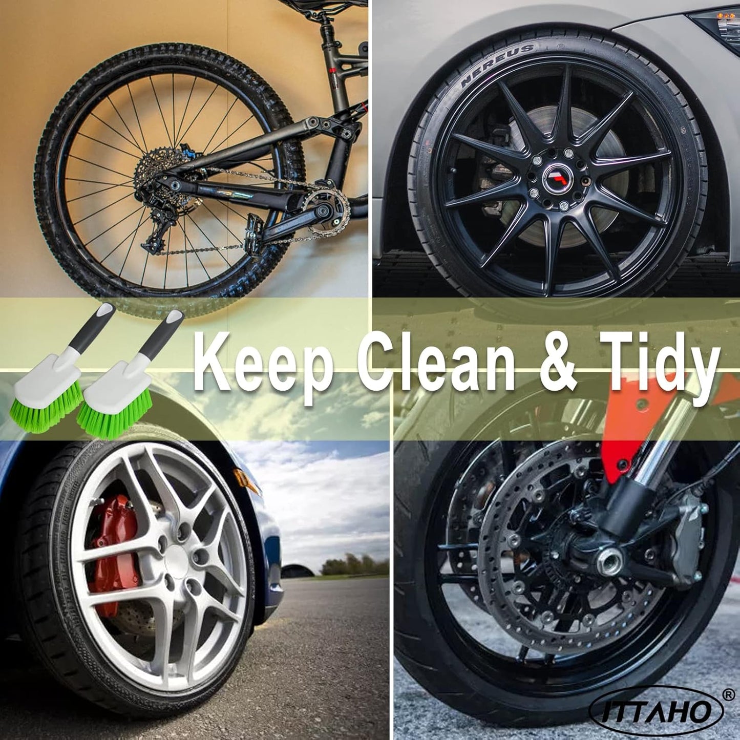 ITTAHO 2 Pack Car Wash Brush, Tire Brush for Cleaning Tires, Soft & Stiff Bristle Wheel Cleaner, Car Cleaning Supplies for Wheels, Rims, Carpet, Truck, SUV, Moto, RV, Motorcycle