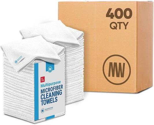 Microfiber Wholesale Bulk 12” X 12” All Purpose Towels Case Quantity (400 Count) | No Fraying | High Density Microfiber | Zero Chemical Cleaner | Long-Lasting (White)