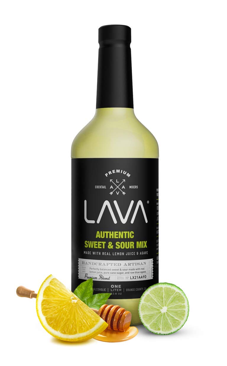 LAVA Premium Authentic Sweet & Sour Mix, Made with Real Lemon Juice, Lime Juice, Raw Blue Agave, No Artificial Sweeteners. Whiskey Sour, Long Island Iced Tea, Lemon Drop. 33.8oz Glass Bottle