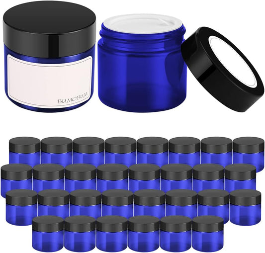 Bumobum 2 oz Glass Jars with Lids, 48 pack Blue Round Small Containers with Black Lids, Blank Labels & Inner Liners, Empty Cosmetic Containers for Sample, Powder, Cream, Lotion