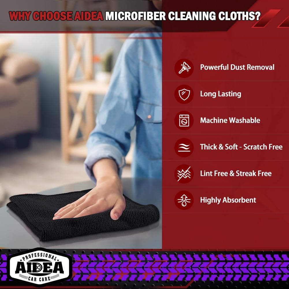 AIDEA Microfiber Cleaning Cloth Black 10PK, Microfiber Towels for Cars, Premium Wash Cloths, Dusting Cloth Lint Free Cleaning Rags for SUVs, House, Kitchen, Window, Cleaning Supplies12×12"