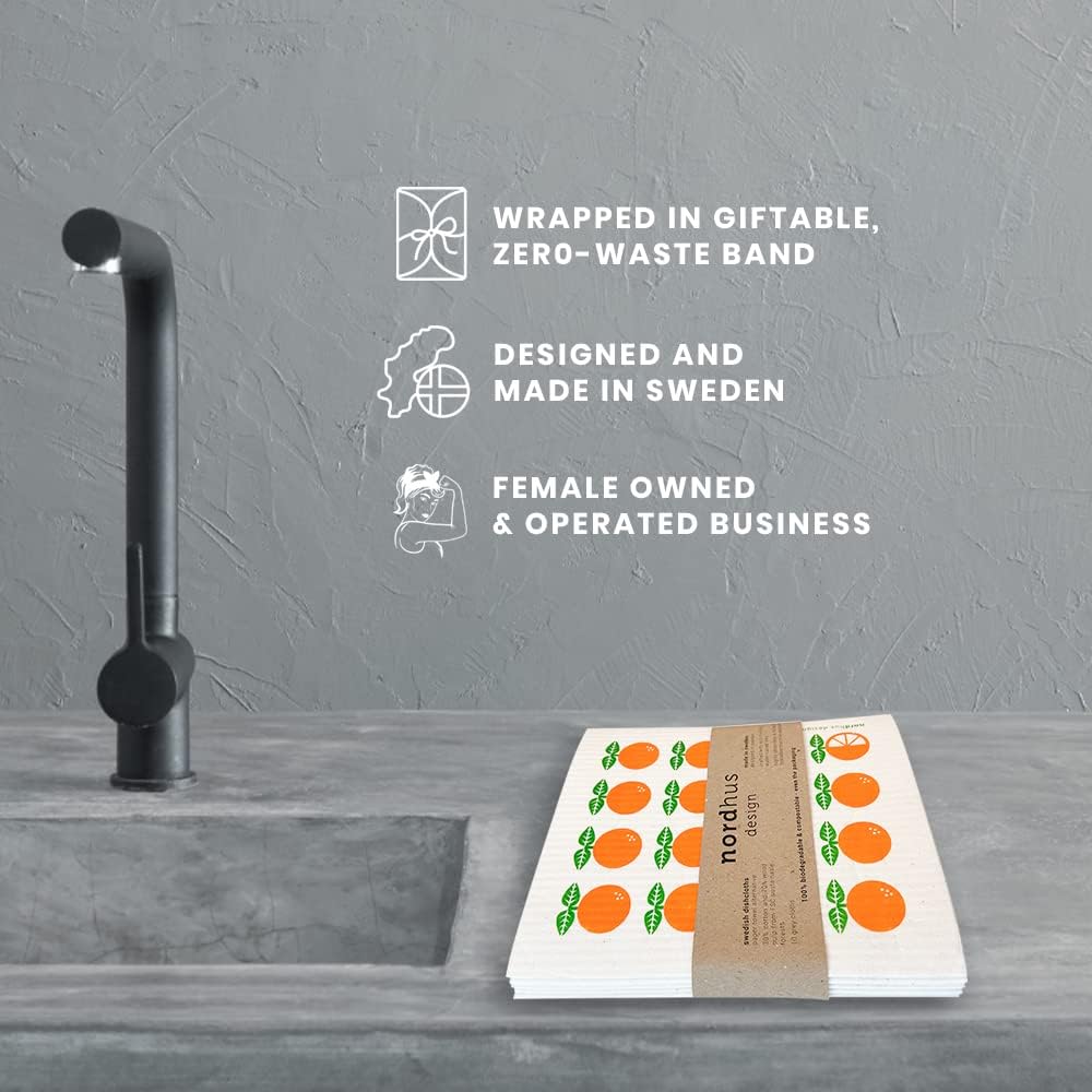 Nordhus Design Swedish Dishcloths, 5 Pack Oranges, Made in Sweden - Reusable, Washable Cellulose Cotton Kitchen Cloths - Replace Paper Towels, Wipes, Sponges, Dish Rags