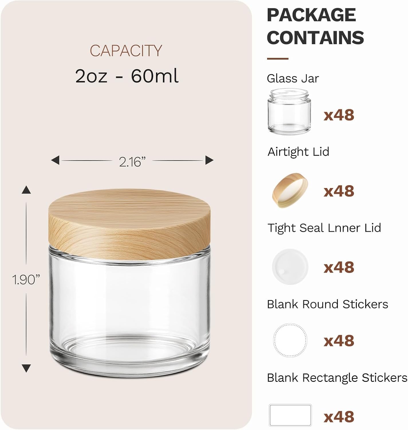 2 oz Glass Jars with Plastic Woodgrain Lids, Bumobum 48 pack Round Clear Cream Jars with Black and White Labels & Inner Liners, Empty Cosmetic Containers for Cream, Lotion, Ointment