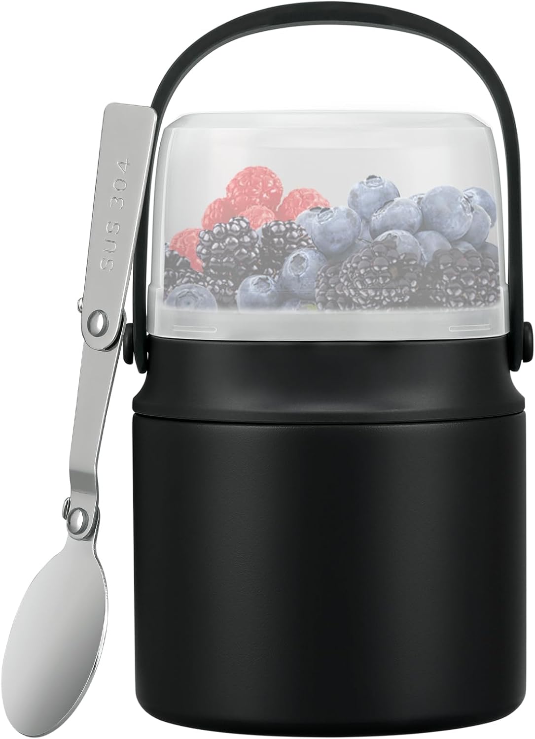 2-in-1 Insulated Food Jar & Snack Container - 15oz Kids Soup Thermos for Hot Food with Handle and Spoon, Leak Proof Reusable Toddler Snack Box, Perfect for School & Travel, Black