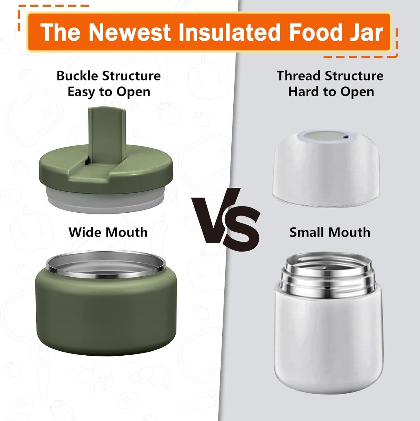 13.5oz Kids Thermos for Hot Food, Insulated Vacuum Food Jar with Buckle Lid, Stainless Steel Wide Mouth Leak Proof Insulated Lunch Container for School Picnic Travel, Green