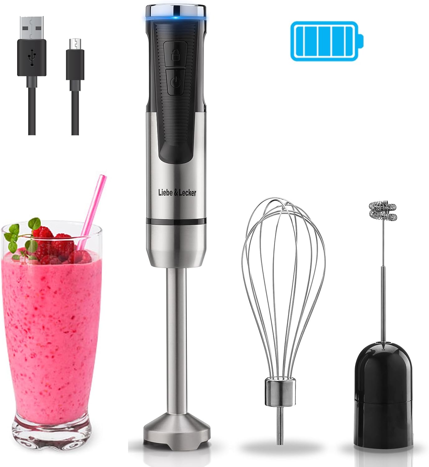 Liebe&Lecker Cordless Hand Blender, Immersion Blender Handheld USB Rechargeable 8 Variable Speeds with Whisk, Milk Frother Attachments, Portable Stick mixed for Milkshakes, Smoothies & Soups.