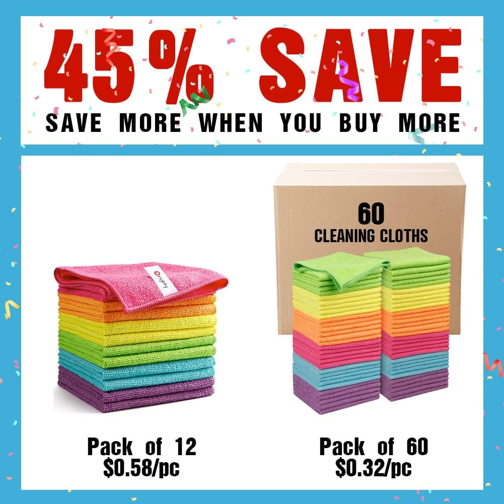 Orighty Microfiber Cleaning Cloth Pack of 60, Microfiber Towels for Cars, Highly Absorbent Car Cleaning Supplies, Lint Free Cloths Clean Rags for Car Care, House, Kitchen, 12x12 inch