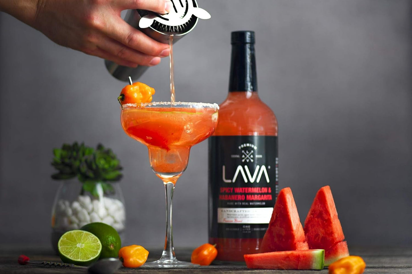 LAVA Premium Spicy Watermelon Habanero Margarita Mix, Cold-Pressed Organic Watermelon, Agave, Habanero, No Artificial Sweeteners, Lots of Flavor, Ready to Use, 1-Liter (33.8oz) Glass
