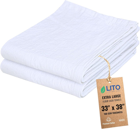 Flour Sack Towels | Tea Towel for Crafts| Kitchen Dish Cotton Blank Towel for Embroidery| Baking Bread Proofing Linen Cover| Thick Absorbent Quick Dry| 2 Pack 33"x38" White