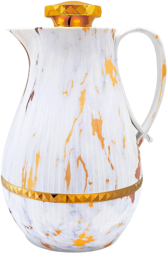 Insulated Thermal Coffee Carafe, 33 oz, Luxury Arabic-Style Insulated Carafe Flask, Coffee Tea Pot, with Spout and Glass Liner for Hot Cold Water, Housewarming Ornaments (White and Gold)