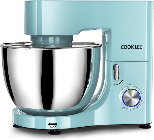 COOKLEE Stand Mixer, 9.5 Qt. 660W 10-Speed Electric Kitchen Mixer with Dishwasher-Safe Dough Hooks, Flat Beaters, Wire Whip & Pouring Shield Attachments for Most Home Cooks, Blue