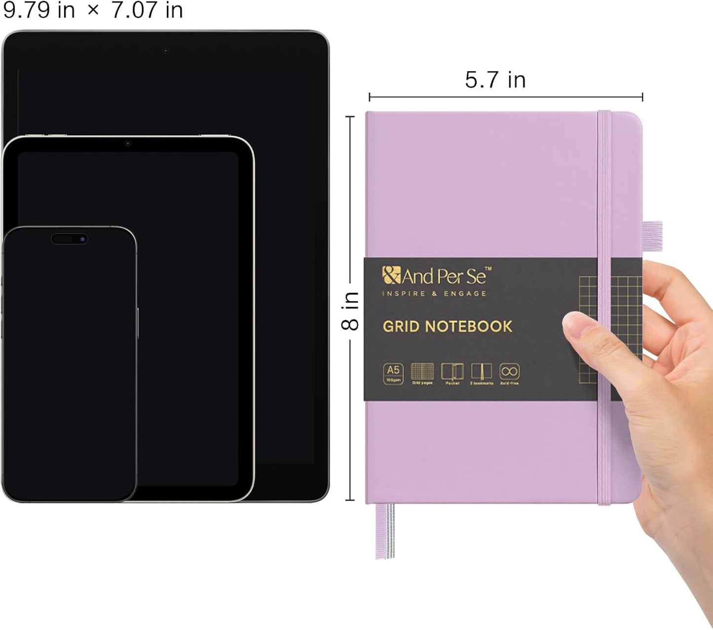 &And Per Se Graph Journal Notebook, 160 Pages, 5.7 x 8 inches College Ruled Thick Paper Notebook Journals for Writing, Grid Hardcover Notebook(1 Pack, Lavender)