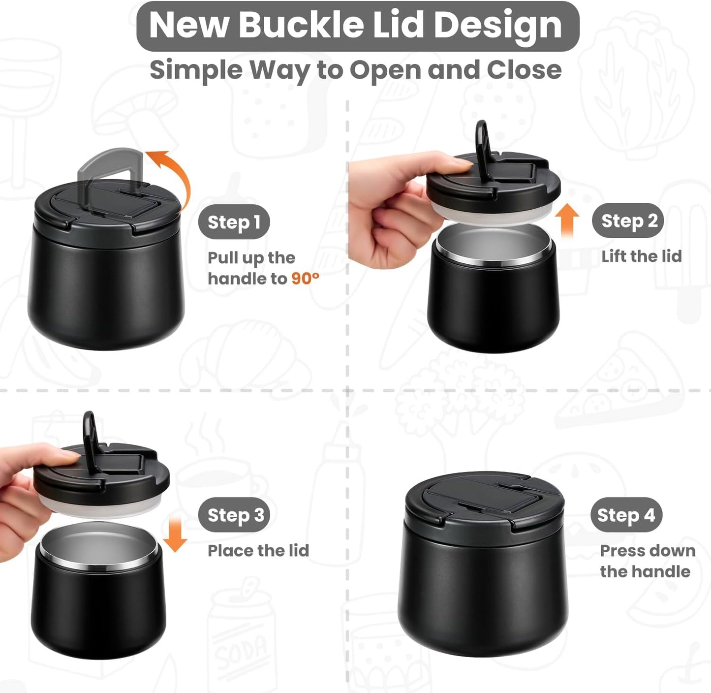 14oz Insulated Vacuum Food Jar with Buckle Lid,Soup Thermo for Hot Food Kids,Wide Mouth Leakproof Stainless Steel Lunch Container with Spoon-Black