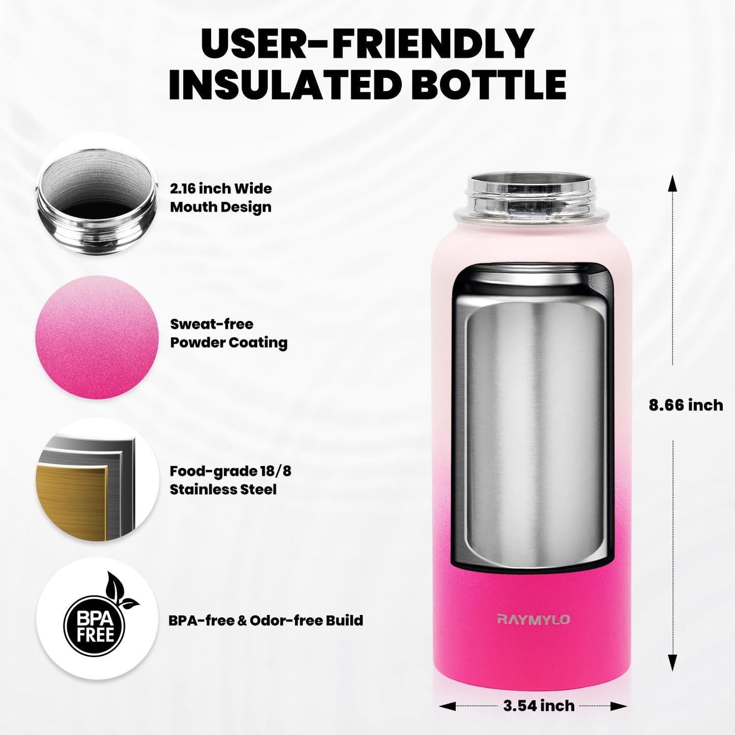 Insulated Water Bottle 32 oz, Triple Wall Vacuum Stainless Steel (Cold for 48 Hrs), Leak Proof & Non-BPA, Modern Water Flask Jug with Paracord Handle & Straw Spout Lids, Ombre Pink