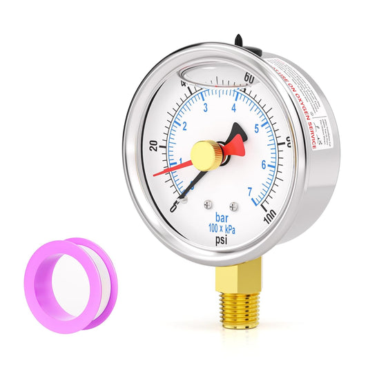 0-100PSI Stainless Steel with Reset Pointer Liquid Filled Pressure Gauge, 2.5" Dial Size, 1/4" NPT Lower Mount, for Tube, Water Pump, Gas, Liquid, Pressure Test