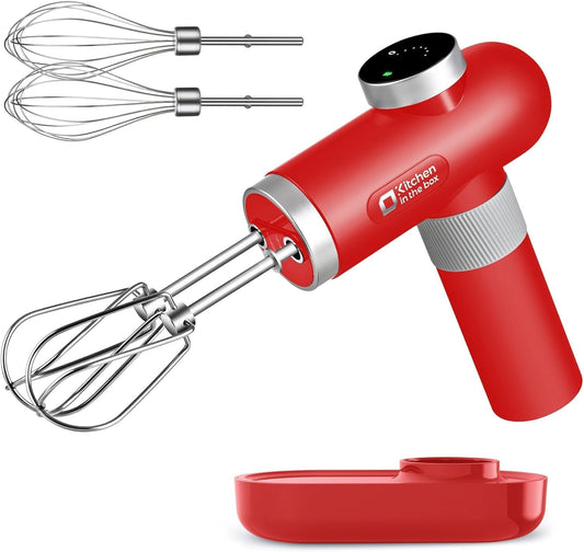 Kitchen in the box Cordless Rechargeable Hand Mixer for Kitchen, Portable Handheld Electric Mixer with Beaters, Whisks, 6-Speed Digital Display, Charging Base and USB-C Charge Cable (Cherry Red)