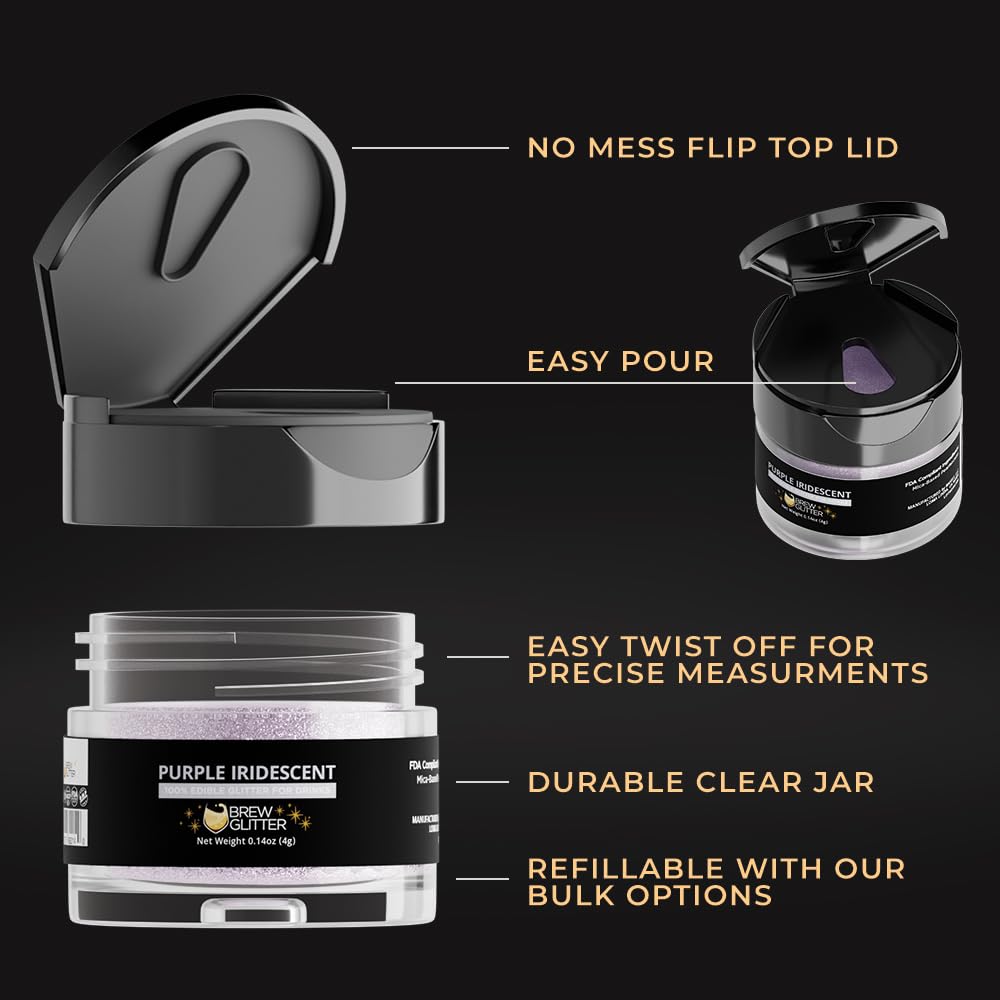 Brew Glitter Iridescent Purple Edible Drink Glitter 1x 4g Jar for Cocktails, Beer, & Beverages