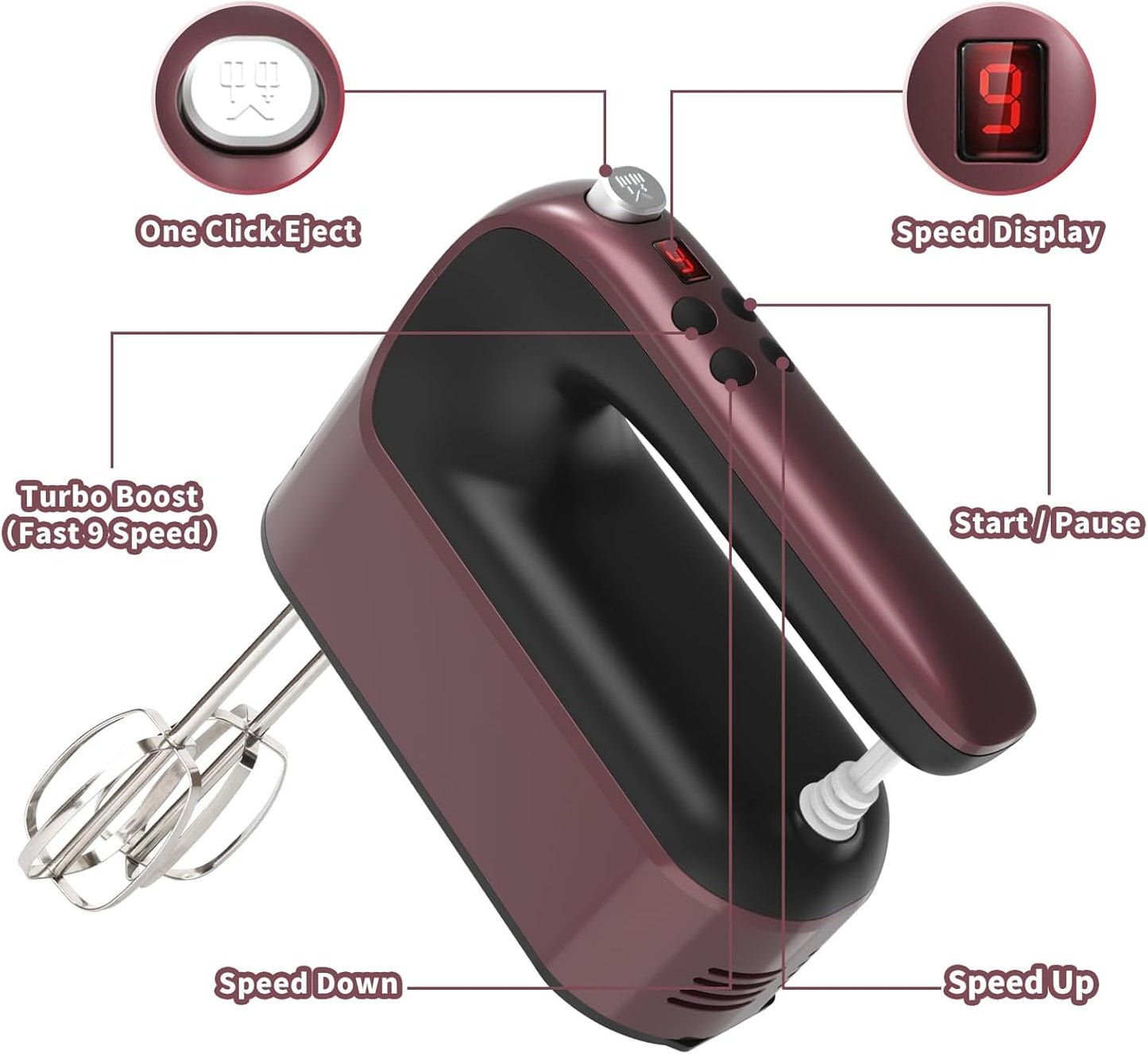 9-Speed Digital Hand Mixer Electric, 400W Powerful DC Motor, Baking Mixer Handheld with Snap-On Storage Case, 5 Stainless Steel Accessories, Flat Beaters, Dough Hooks, Whisk (Grape Purple)