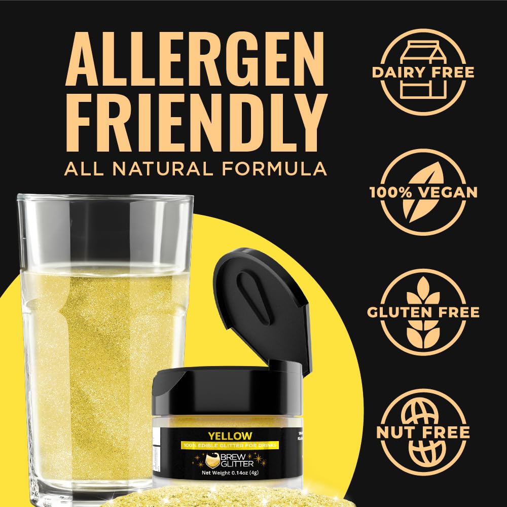 Brew Glitter Yellow Edible Drink Glitter 1x 4g Jar for Cocktails, Beer, & Beverages