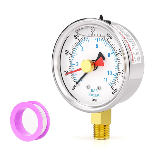 0-160PSI Stainless Steel with Reset Pointer Liquid Filled Pressure Gauge, 2.5" Dial Size, 1/4" NPT Lower Mount, for Tube, Water Pump, Gas, Liquid, Pressure Test