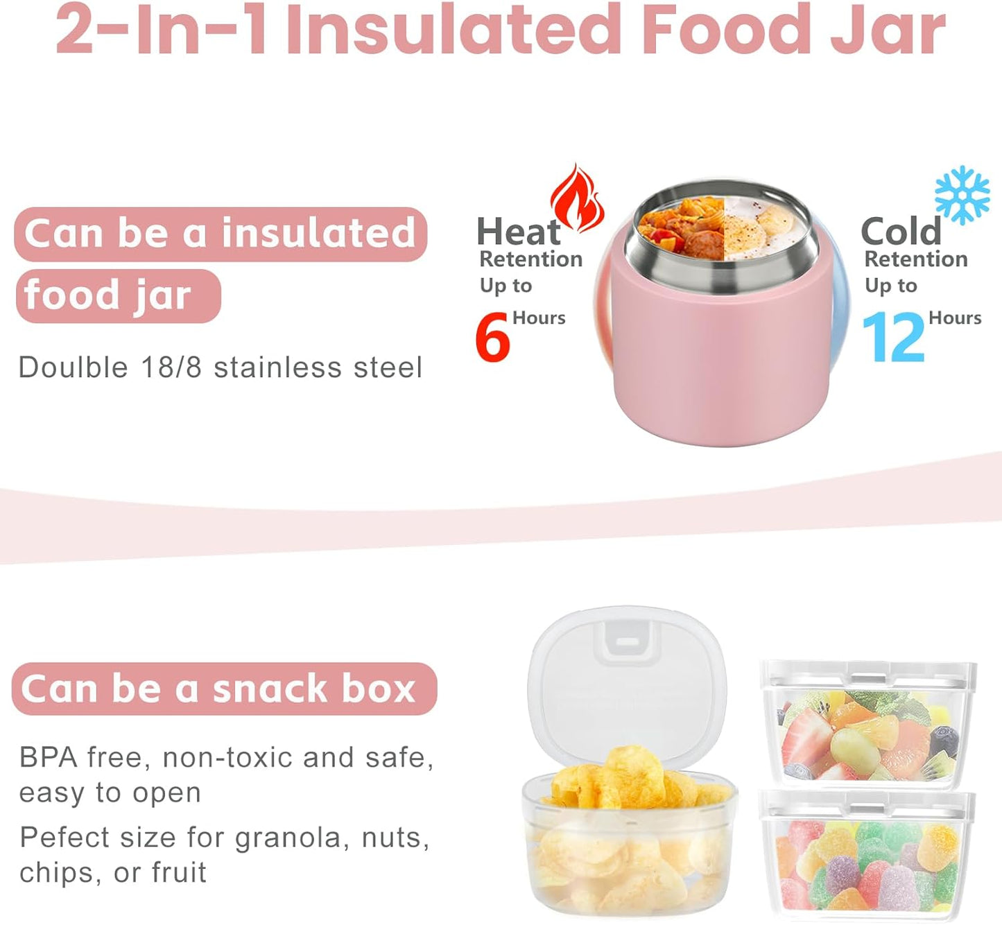 2-in-1 Insulated Food Jar & Snack Container - 15oz Kids Soup Thermos for Hot Food with Handle and Spoon, Leak Proof Reusable Toddler Snack Box, Perfect for School & Travel, Pink