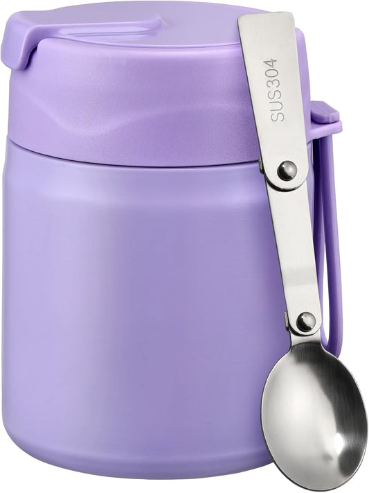 17oz Soup Thermo for Hot Food Kids Insulated Vacuum Food Jar with Stainless Steel Spoon Wide Mouth Thermo Leakproof Lunch Food Container Kids Hot Lunch Box (Purple)