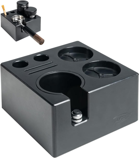 IKAPE ABS Espresso Knock Box, 7 in 1 Coffee Organizer Box Fit for Storage 51, 54, 58MM Espresso Tamper, Distributor, Portafilter & Puck Screen Accessories(Black)