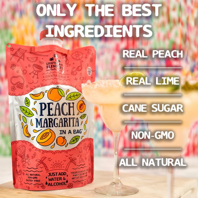 Lt. Blender's Peach Margarita in a Bag - Peach Margarita Mix - Each Bag Makes 1/2 Gallon - Non-GMO Cocktail Mix - No Blender Needed - Add Liquor, Wine or as a Mocktail (Pack of 3)