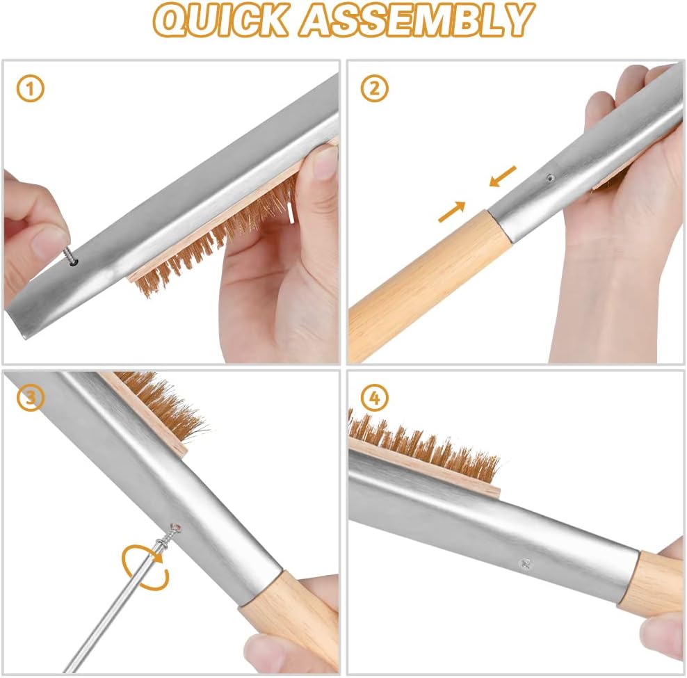 Pizza Oven Brush, 26" Brush and Stainless Steel Scraper for Pizza Stone, BBQ Grill Cleaning Brush Non Scratch Heat Proof Brass Bristles with Screwdriver, Outdoor Pizza Oven and Accessories
