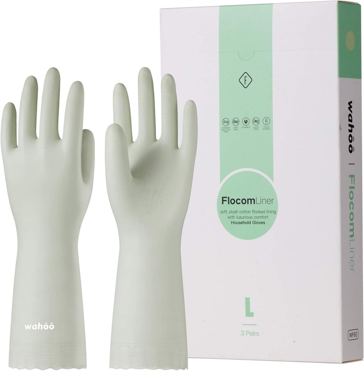 LANON 3 Pairs wahoo Skin-Friendly Cleaning Gloves, Dishwashing Kitchen Gloves with Cotton Flocked Liner, Reusable, Non-Slip, Canary Green, Large