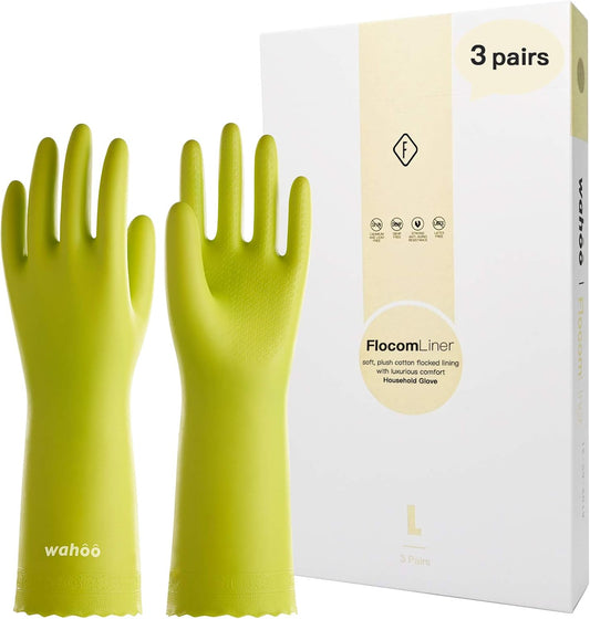 LANON 3 Pairs wahoo Skin-Friendly Cleaning Gloves, Dishwashing Kitchen Gloves with Cotton Flocked Liner, Reusable, Non-Slip, Bud Tender, Large