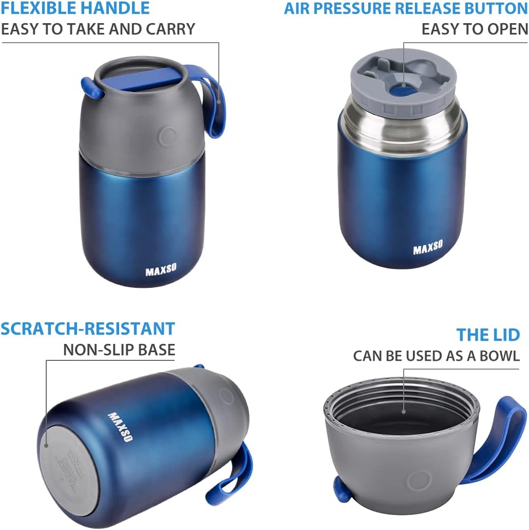 Insulated Thermo Food Jar for Hot & Cold Food for Kids Adult, 17 oz Soup Thermal Hot Food Containers for Lunch, Triple Layer Insulation Stainless Steel Food Jar with Spoon(Blue)