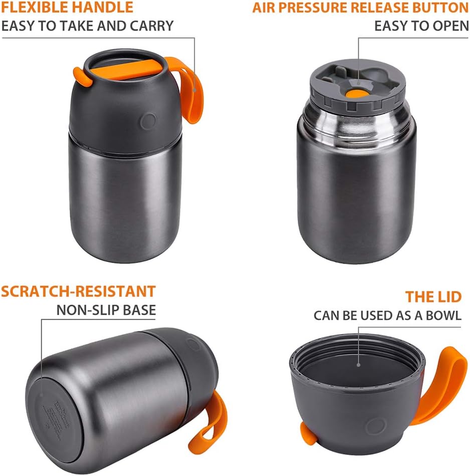 Insulated Thermo Food Jar for Hot & Cold Food for Kids Adult, 17 oz Soup Thermal Hot Food Containers for Lunch, Triple Layer Insulation Stainless Steel Food Jar with Spoon (Grey)