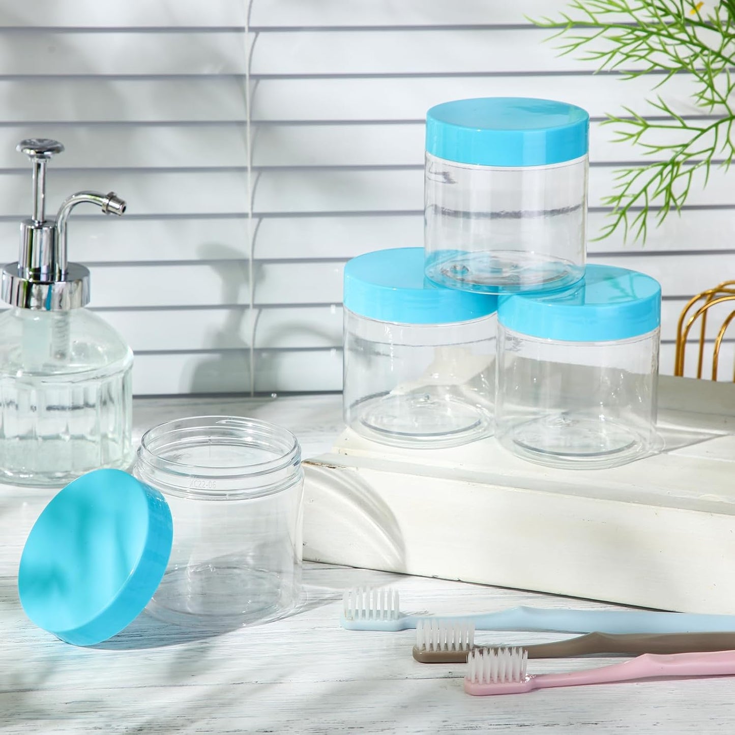 Patelai 4 Pieces Round Wide-mouth Leak Proof Plastic Container Jars with Lids for Travel Storage Makeup Beauty Products Face Creams Oils Salves Ointments DIY Making(10 Ounce,Blue)