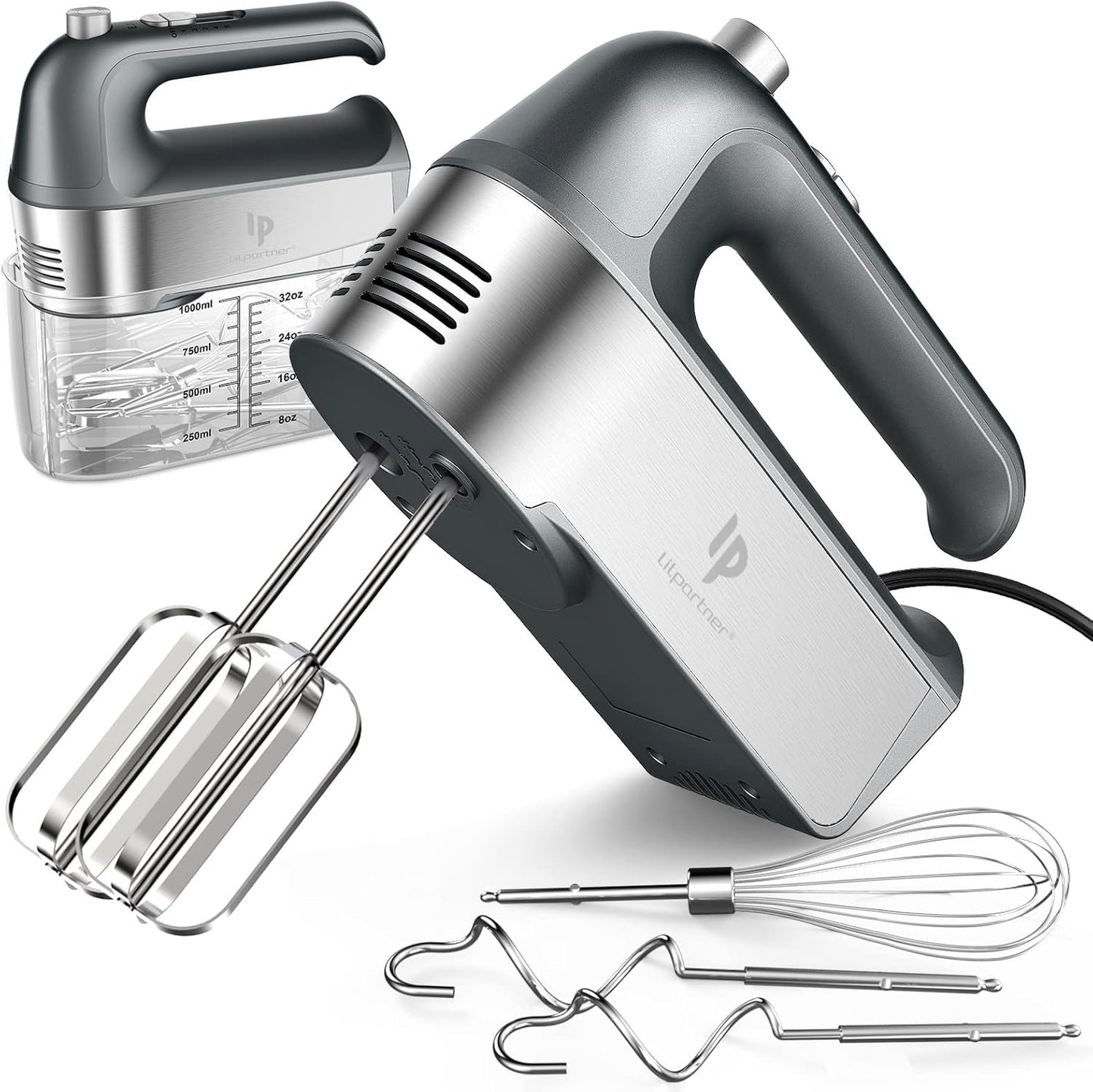 Hand Mixer Electric, 450W Kitchen Mixers with Scale Cup Storage Case, Turbo Boost/Self-Control Speed + 5 Speed + Eject Button + 5 Stainless Steel Accessories, For Easy Whipping Dough,Cream, Cake